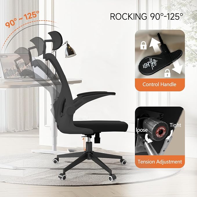 Monhey Office Chair Ergonomic Desk Chair with Lumbar Support&Headrest&Flip-up Arms Height Adjustable Rocking Swivel High Computer Chair Multi-Angle from 90° to 125° with 350LBS Capacity (03All Black) - Image 5
