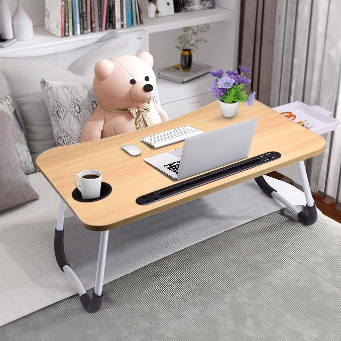 Slendor Bed Desk for Laptop and Writing with Storage, Cup Holder, Light | Fan, Pen Holder,Tablet Holder,Foldable, for Bed, Couch, Floor, Portable,Walnut - Image 3