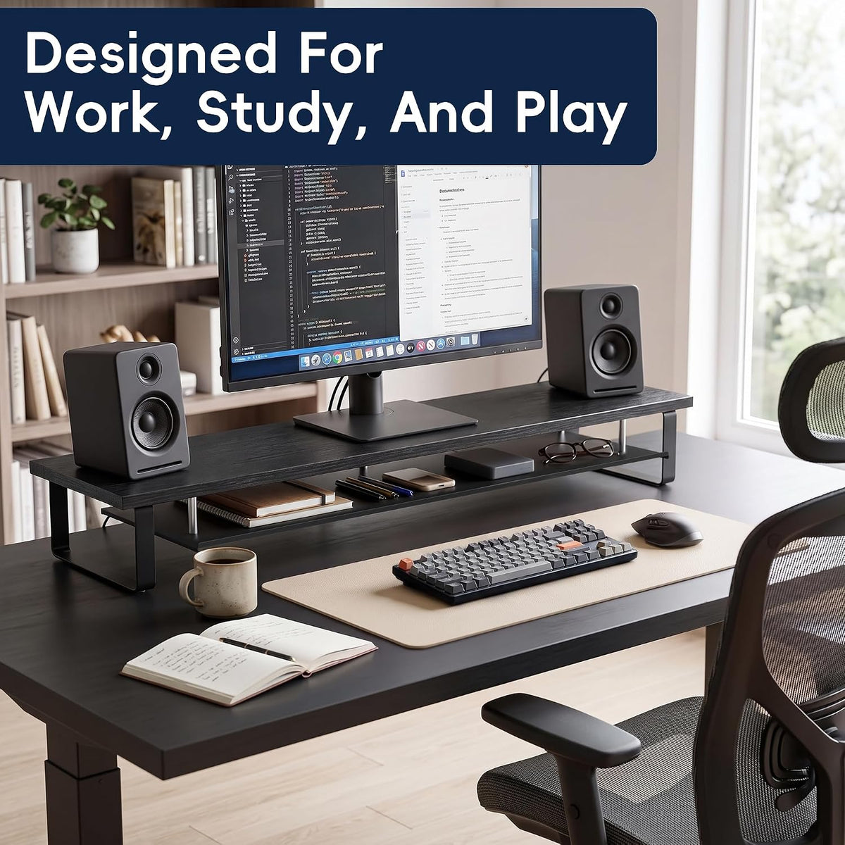 Aothia 2-Tier Monitor Stand, 35 in Desk Riser with Storage, Black - Image 9