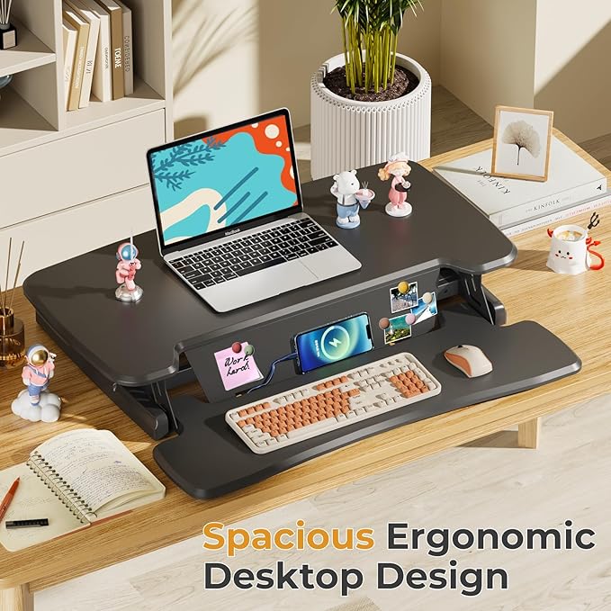 JOY worker Standing Desk Converter, 32" Height Adjustable Desk Riser, Black | Sit Stand Up Desktop Riser with Keyboard Tray & 6 Fridge Magnets, Desk Workstation Converter for Home Office Computer Laptop - Image 5