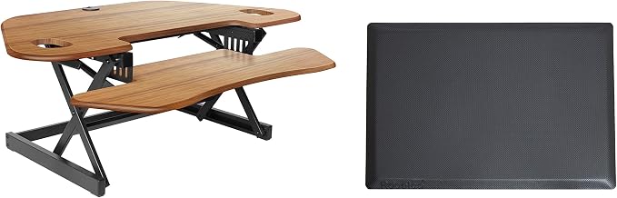 Rocelco 46" Height Adjustable Corner Standing Desk Converter with Anti Fatigue Mat Bundle - Quick Sit Stand Up Dual Monitor Riser - Computer Workstation - Teak Wood Grain (R CADRT-46-MAFM) by Rocelco