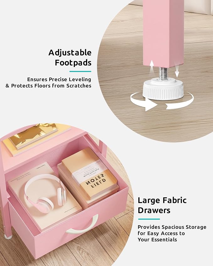Lazzanto Nightstand with Rear Charging Station, LED Light, 4 Drawers, Pink | Industrial Nightstand, 2 USB-A Ports & AC Outlets, Raised Back Guard, Fabric Storage Drawers, Bedside Table for Bedroom, Dorm - Image 6