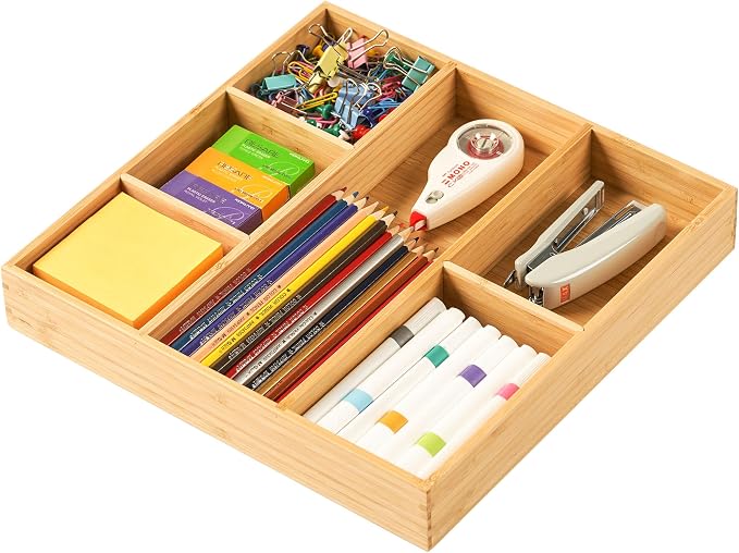 Bamboo Desk Drawer Organizer, Wood Office Junk Tray, 12"x12" | 1.8" Tall for Shallow Drawer - Adjustable dividers - Anti Slip Silicone Pads - Versatile Storage Box in Kitchen, Pantry by Umilife