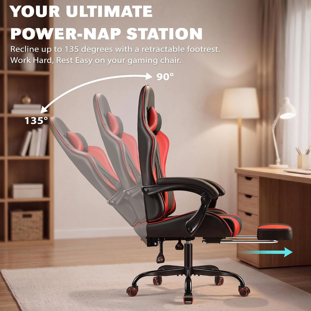 Homall Gaming Chair, Ergonomic, Footrest & Massage Lumbar Support, Red - Image 7