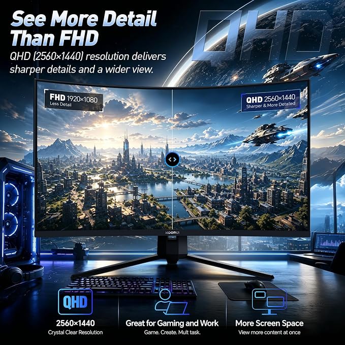 KOORUI 32 inch Curved Gaming Monitor, QHD 170Hz, 1ms 1500R Display | 2560×1440p Monitor, Adaptive Sync, 90% DCI-P3, HDMI×2 and DP, VESA, FPS & Console Gaming, Immersive Gaming - Image 3
