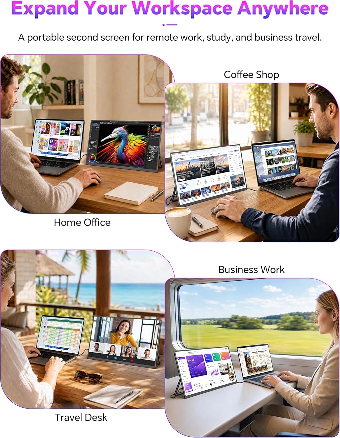 15.6" Portable Monitor Touchscreen, 1080P 10-Point Touch Portable Monitor | 1500:1 USB-C HDMI Travel Screen w/ Sleeve Bag & Speaker, 2nd External Display for Laptop Mac PC Phone Tablet, VESA Mountable - Image 6