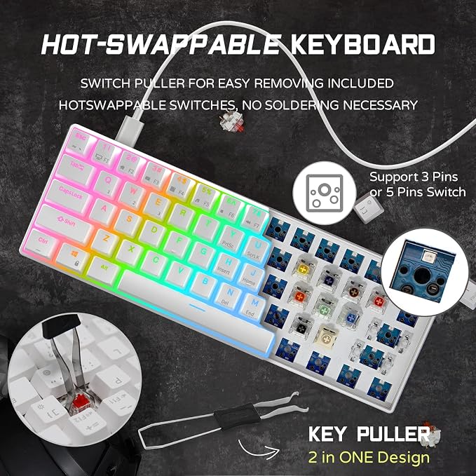 RK ROYAL KLUDGE RK61 Wired 60% Mechanical Gaming Keyboard Programmable QMK/VIA RGB Backlit 61 Keys Ultra-Compact Hot Swappable Blue Switch White - Image 3