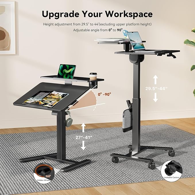 28" Mobile Standing Desk, Tiltable Top with 2-Tier Shelves, Black | Pneumatic Rolling Desk, Adjustable Height Computer Workstation, Sit Stand Portable Drafting Table & Laptop Cart on Wheels - Image 3