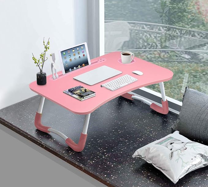 Slendor Foldable Lap Desk with Cup Holder for Bed, Couch, Floor | Portable,with USB Light, Fan, Pen Holder,Tablet Holder,for Laptop,Writing,Eating, Pink - Image 5