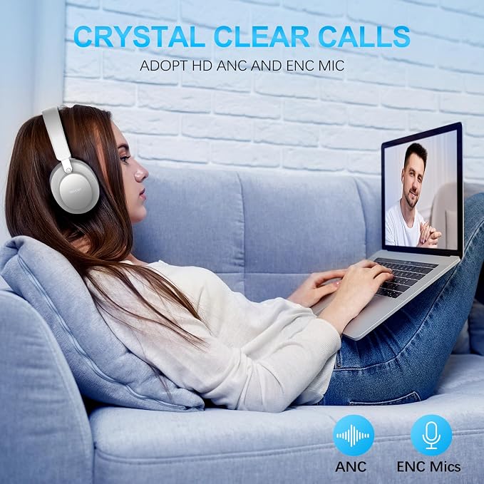 Noise Cancelling Headphones Wireless Bluetooth, Over Ear Headphone Bluetooth with Microphone, Cancelling Wireless Headphones Over Ear, 65h Playtime, Clear Calls, Comfort Fit for Travel (Grey) - Image 4