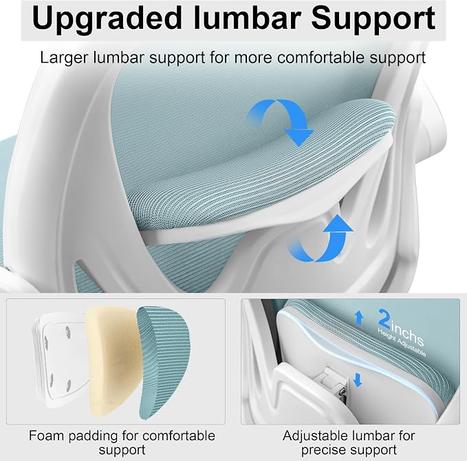 Drafting Chair Tall Office Chair with Flip-up Armrests, Adjustable Height, and Enhanced Lumbar Support - Ergonomic Rolling Stool, Back Support, and Adjustable Foot Rest Ring Light Blue - Image 7