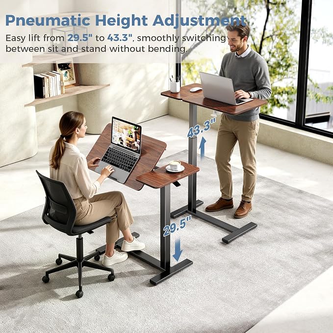 DUMOS Standing Desk with Wheels, Rolling Desk, Laptop Table | Adjustable Height, Portable Computer Workstation, Tilting Desktop, Home Office Classroom Bedside, Brown - Image 4