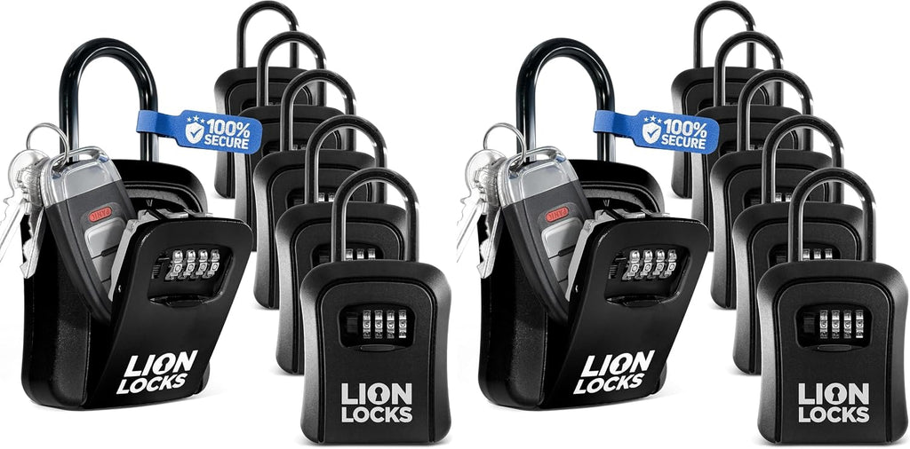 Lock Box for Keys, 12 Pack Black - Secure Key Safe Solution with Combination Lock for Homes, Real Estate, Businesses, Gyms, Schools by Lion Locks