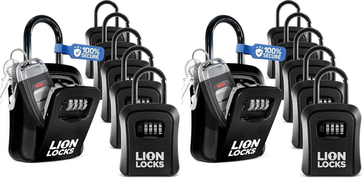 Lock Box for Keys, 12 Pack Black - Secure Key Safe Solution with Combination Lock for Homes, Real Estate, Businesses, Gyms, Schools by Lion Locks