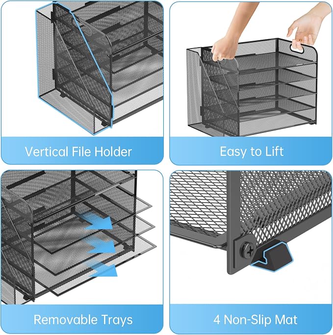 5-Tier Desk Organizer with File Holder, Paper Organizer for Desk, Black | 5 Letter Trays and Vertical File Holder with Metal Mesh Frame for Papers Folders Books and Mail in Office Home or School - Image 3