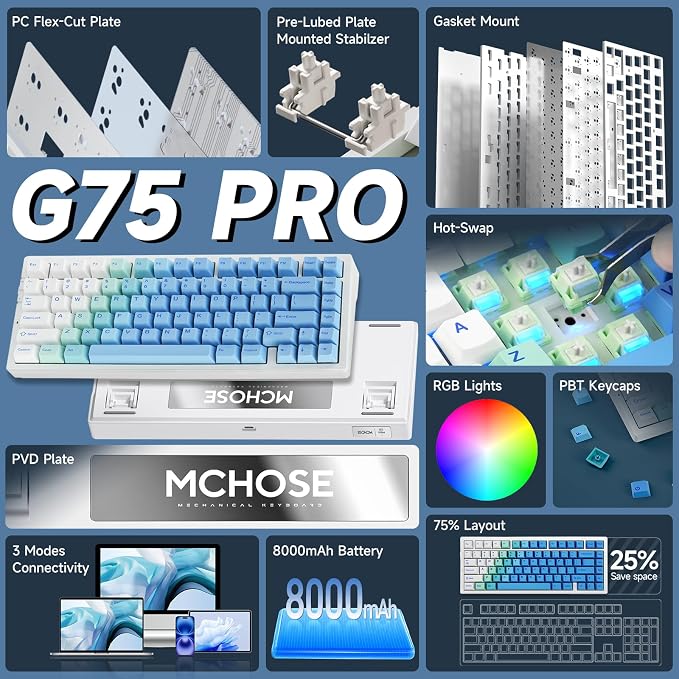 MCHOSE G75 PRO 75% Wireless Mechanical Keyboard, TKL Keyboards Tri-Mode BT5.0/2.4GHz/USB-C, Hot Swap Custom Creamy Keyboards Linear Switch, Double Shot PBT Keycaps RGB LED Backlit, White&Blue - Image 3