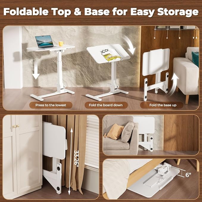 JOY worker Foldable Mobile Standing Desk, 180° Tilt Overbed Bedside Table | Height Adjustable, 31.5" White MDF Top with Lips, Collapsible Top & Base for Storage, Poratble Laptop Desk for Home Hospital - Image 5