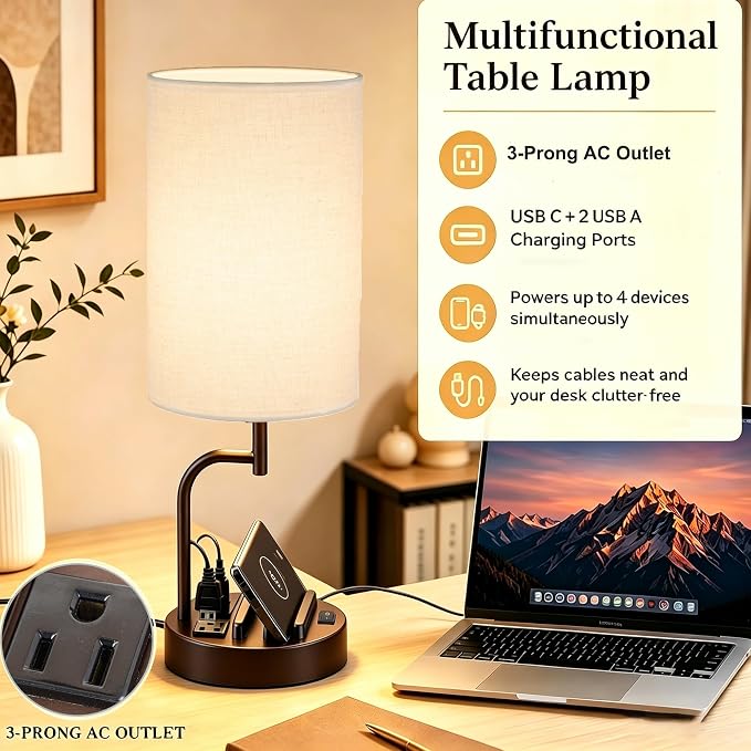 Dreamholder 2 Pack Table Lamp, Bedside Lamp with 3 USB Charging Ports & AC Outlet, USB Desk Lamp with 2 Phone Holders, Linen Fabric Shade Nightstand Lamps for Bedroom Living Room Office, Dark Brown - Image 3