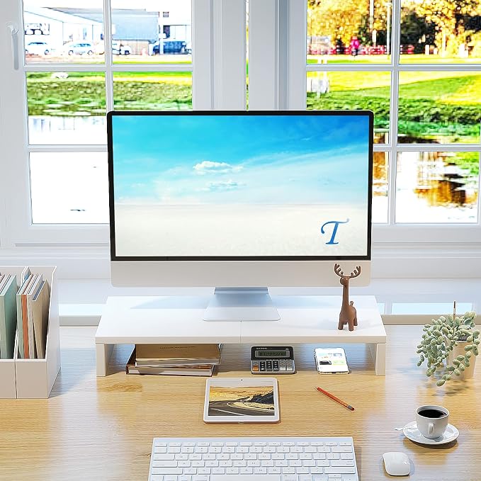 TEAMIX 20 inch White Monitor Stand Riser, Wood Desktop Computer Stand | Fits Laptop, Printer, TV, PC Tower, Full Keyboard Storage Underneath, Ergonomic, Desk Organizer for Home Office Gaming Vanity - Image 2