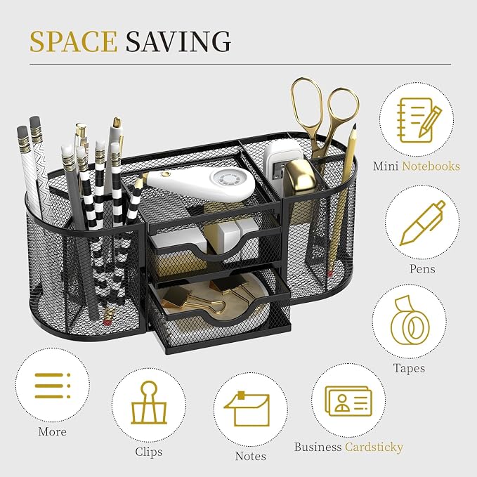 Mesh Desk Organizer, Pen Holder for Desk with 2 Drawers, Black | Desk Organizers and Accessories with 8 Compartments and 2 Drawers for Pens, Pencils, Scissors, Tape and Small Office Supplies - Image 4