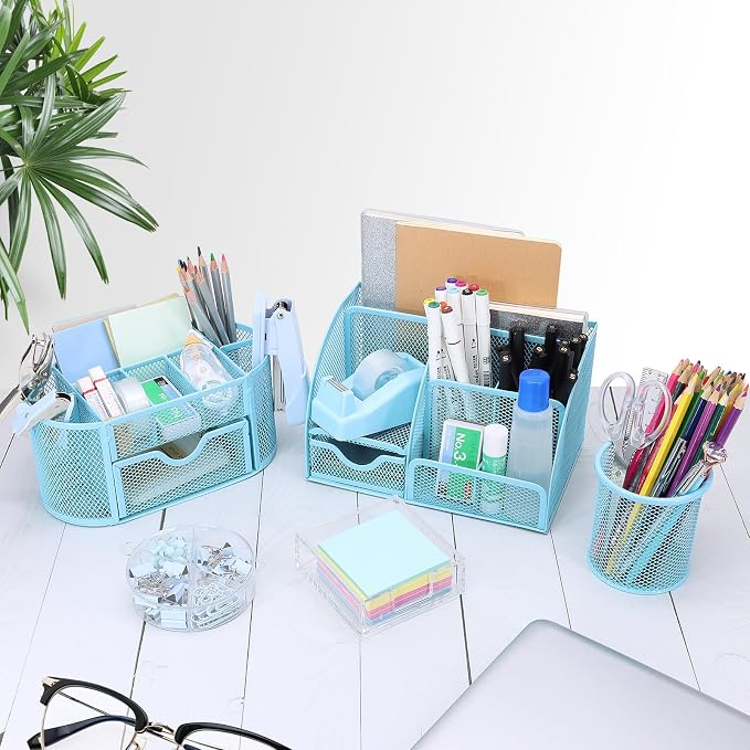 17 IN 1 Office Desk Organizer Set for Back to School Supplies Accessories | 3 Office Desk Storage Organization, 4 Pens, Stapler, Staples & Remover, Tape & Dispenser, Scissors, Ruler, Clips, Hole Punch - Image 6