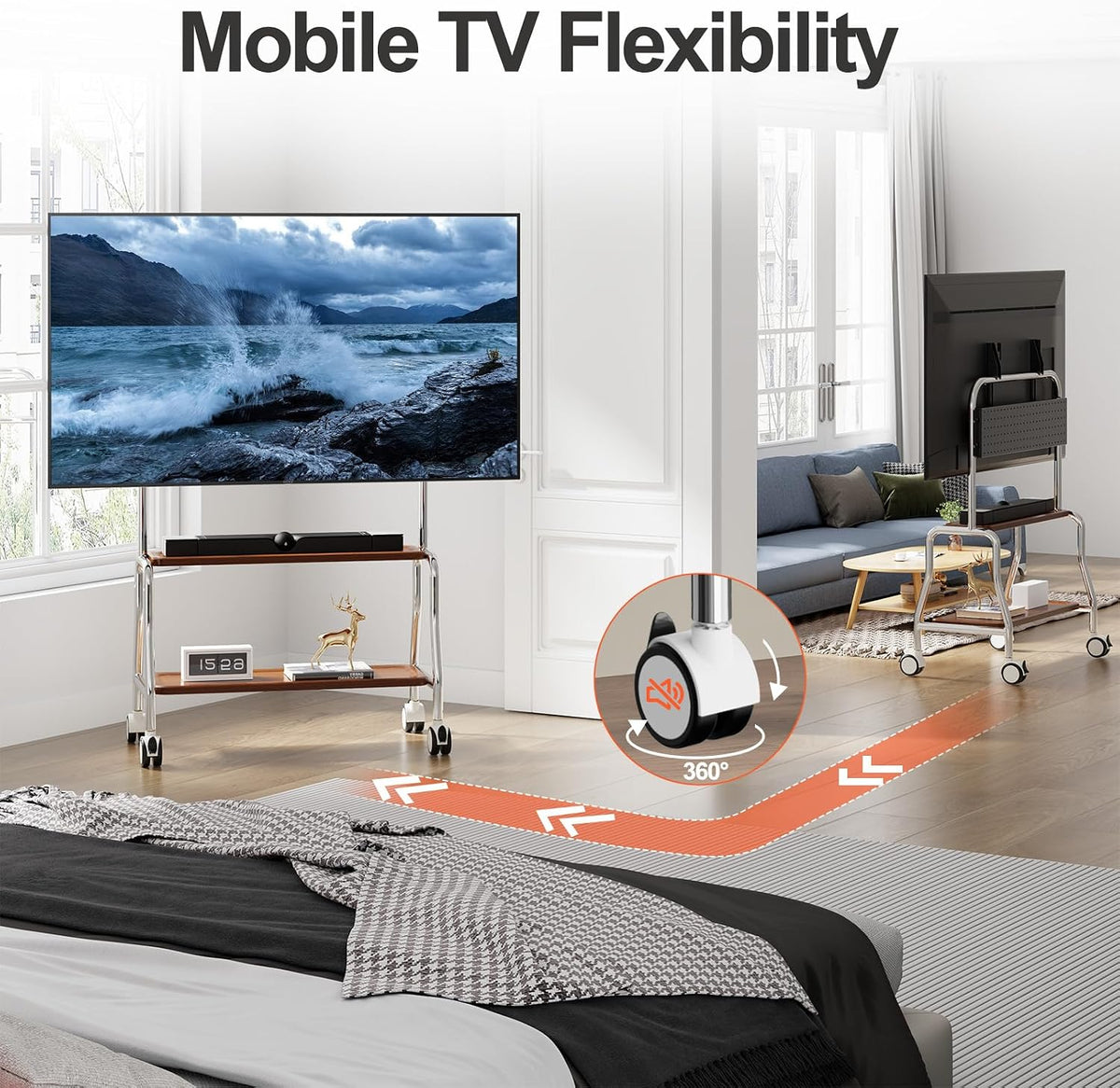 Easel Rolling TV Stand for 32-75" TVs, Stainless Steel TV Cart with Shelf - Image 2