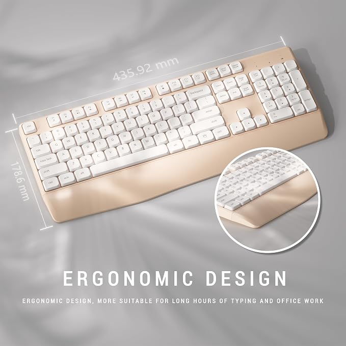 MPTOG Ergonomic Wireless Keyboard and Mouse Combo, Khaki White | Computer Keyboard Mouse with Wrist Rest, BK Chipset, Full-Size Colorful, Power Button, USB Receiver for PC Laptop - Image 4