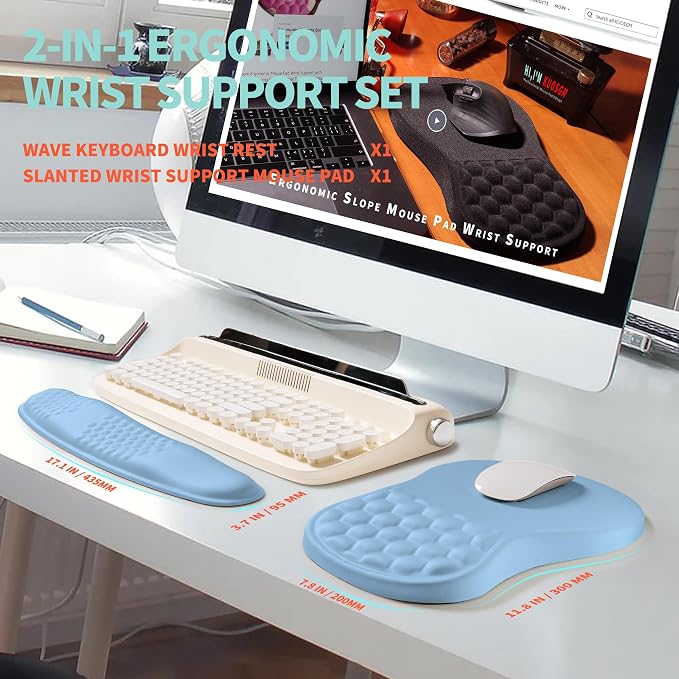 2-in-1 Ergonomic Set, Wave Rise Keyboard Wrist Rest and Massage Bulge Slope Mouse Pad Wrist Support, Cushion Memory Foam Integrated to Relieve Wrist Pain, Lake Blue - Image 5