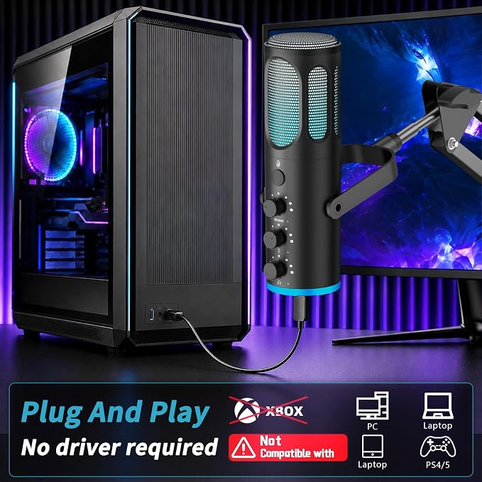 PUPGSIS Gaming Microphone for PC, USB Condenser Mic for PS4/5 and Mac, Noise Cancellation Computer Mic with Mute, Reverb, Adjustable Boom Arm, Pop Filter for Streaming/Podcasting/Recording/YouTube - Image 5