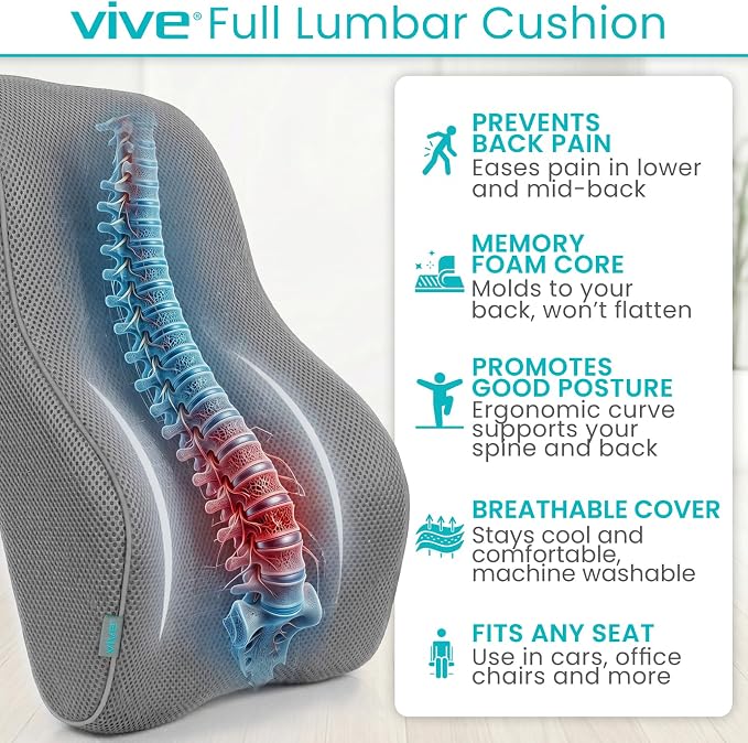 Vive Full Lumbar Pillow - Memory Foam Contour Support Cushion for Lower Back Pain | Back Pain - Image 2