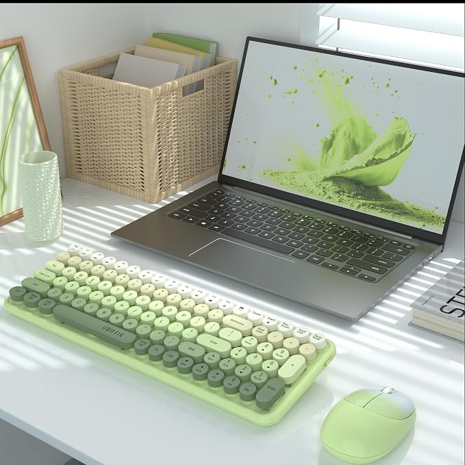 UBOTIE Wireless Keyboards and Mouse Combo (Green Gradient) | Colorful Gradient Rainbow Color Retro Typewriter Flexible Keyboard, 2.4GHz Connection and Optical Mouse for PC Wins Mac - Image 2