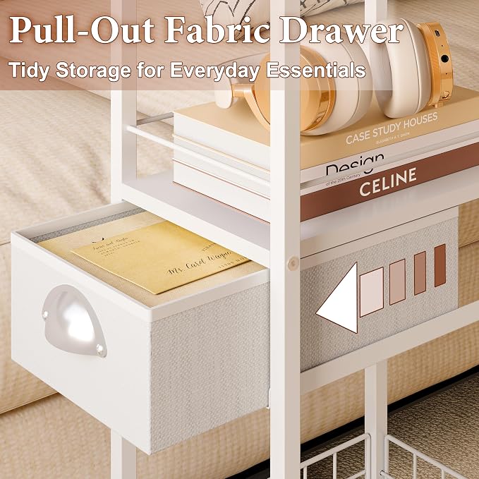 Rolling Side Table with Storage Drawer, White Bedside Table with Wheels, TV Tray for Sofa, Portable Desk on Wheels, Modern Night Stand, Overbed Table for Bedroom, C Shaped End Tables Living Room - Image 4
