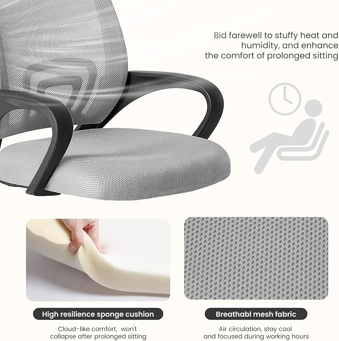 DUMOS Ergonomic Office Chair, Executive Desk Chair with Lumbar Support | Mid Back, Breathable Backrest, Fixed Armrest, Height Adjustable, 360° Swivel, Computer Gaming, Meeting, Grey - Image 5