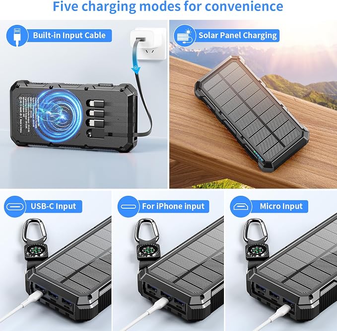 Solar Charger Power Bank 20000mAh Wireless Charger QC 3.0 Fast Charging Power Bank 8 Outputs 4 Inputs Solar Portable Charger Compatible with All Mobile Devices,SOS/Strobe/Strong Flashlights (black) - Image 3