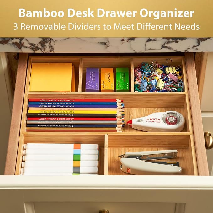 Bamboo Desk Drawer Organizer, Wood Office Junk Tray, 12"x12" | 1.8" Tall for Shallow Drawer - Adjustable dividers - Anti Slip Silicone Pads - Versatile Storage Box in Kitchen, Pantry - Image 3
