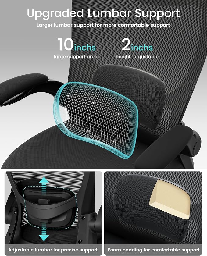 Office Chair, Ergonomic Desk Chair with Adjustable Lumbar Support and Flip up Armrest, Breathable Mesh Computer Chair for Home Office, Black - Image 5