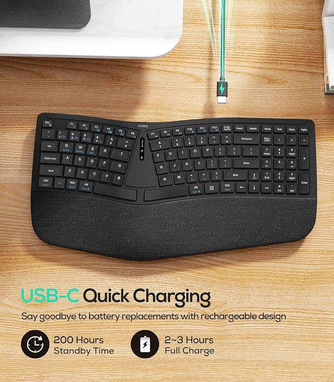 Nulea RT07B Wireless Ergonomic Keyboard - Split Keyboard, Wrist Rest, Natural Typing, Bluetooth and USB Connectivity, USB-C Rechargeable,Compatible with Windows Mac (Silver White) - Image 6
