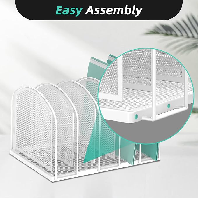File Organizer 5-Section Mesh Desk Organizer, Upright File Organizer Desktop Organizer File Sorter, File Folder Holder for Office Supplies, White | 5 Vertical Compartments with Sturdy Metal Base for Office Documents Books Magazines and Laptop - Image 3