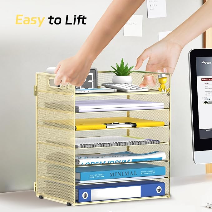 7 Tier Paper Organizer for Desk with Mesh Letter Trays and Handle Gold | Desk File Organizer with Handle for Sorting Papers, Files, Folders, Mail, Bills and Office Supplies - Image 6