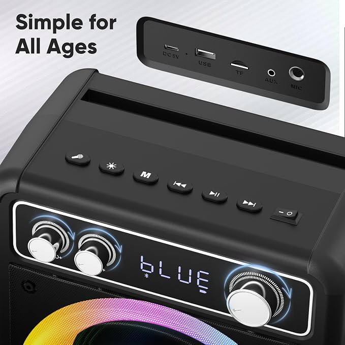 VOSOCO Karaoke Machine, Bluetooth Speaker with 3 Rechargeable Microphones | 2026 Portable PA System for adults with LED Light, Supports TWS Echo TF USB AUX Inputs for Birthday Home Party Outdoor Travel - Image 8