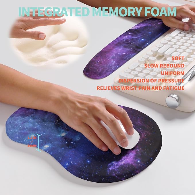 2-in-1 Ergonomic Set, Wave Rise Keyboard Wrist Rest and Massage Bulge Slope Mouse Pad Wrist Support, Cushion Memory Foam Integrated to Relieve Wrist Pain, Galaxy - Image 4