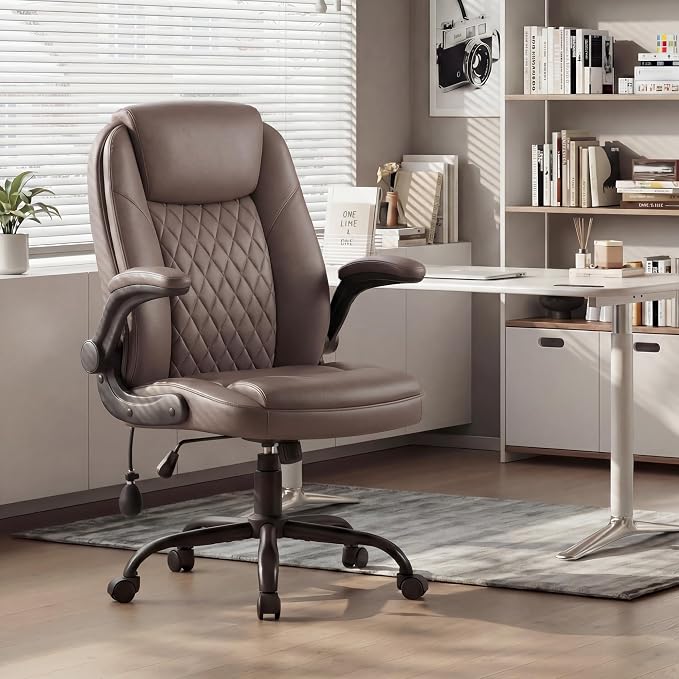 MALOL Leather Office Chair with Adjustable Lumbar Support Set of 2, Brown | Computer Desk Chair with Thick Cushion, Flip-Up Arms and Ergonomic Back, Comfy Executive Office Chair for Home Office Gaming by MALOL
