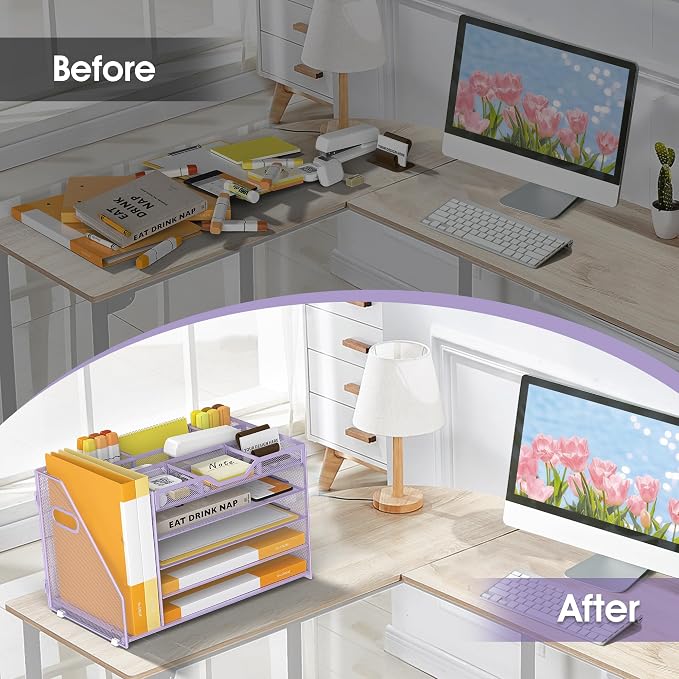 5 Tier Paper Letter Tray Desk Organizer with Pen Holders - Purple | Features 3 pen holders and 4 removable dividers.Versatile mesh desktop storage for mail, document,office supplie - Image 5