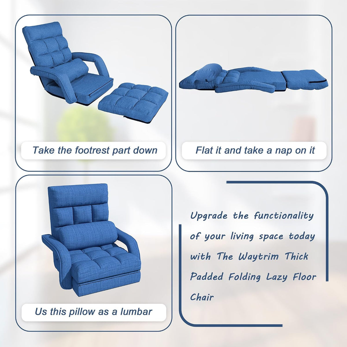 Floor Gaming Chair, 6 Adjustable Position Comfy Chair with Back Support, Ergonomic Chaise Lounge Chair, Meditation Chair with Armrest for Living Room, Bedroom, Blue - Image 4