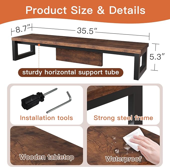 Dual Monitor Stand Riser, Wood and Steel Monitor Riser, Long Computer Monitor Stands for 2 Monitors, Desk Shelf for Computer, Laptop, Printer, TV, Brown - Image 6