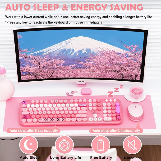 Wireless Keyboard Mouse,104 Full Size Cute Colorful Keyboard and Mouse with Retro Typewriter for PC/Mac/Laptop/Tablet/Computer/Windows/Microsoft, Pink | With Retro Keycaps for PC Mac Laptop Tablet Computer Windows Microsoft Wireless Keyborad Mouse - Image 4