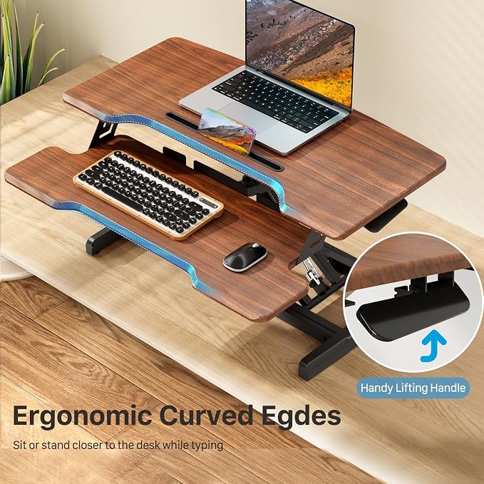 32" Standing Desk Converter, Quick Sit to Stand Desk Riser | Height Adjustable Stand up Desk with Keyboard Tray for Dual Monitor, Copmputer Workstation for Home Office, Dark Wood - Image 5