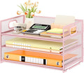 Subekyu 3 Tier Paper Letter Tray Organizer for Desk, Pink Metal Mesh File Folder Sorter Organizer with Handle and 1 PC Sliding Tray for Home Office School Desk Supplies Organization Storage by SUBEKYU