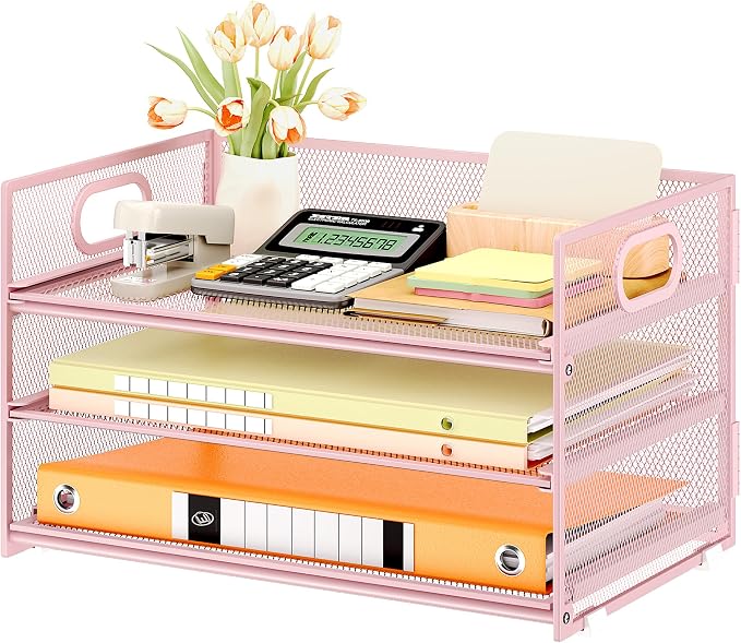 Subekyu 3 Tier Paper Letter Tray Organizer for Desk, Pink Metal Mesh File Folder Sorter Organizer with Handle and 1 PC Sliding Tray for Home Office School Desk Supplies Organization Storage by SUBEKYU