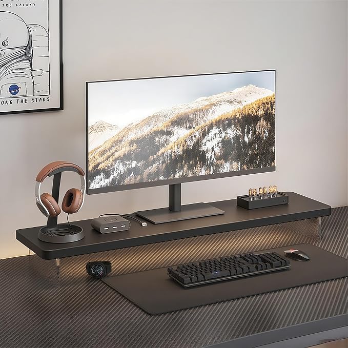 Computer Monitor Stands, Wood & Acrylic Computer Monitor Stand, Desk Monitor Stand Underneath Storage For Office, Home, School Supplies, 31.5" L (Black) - Image 2
